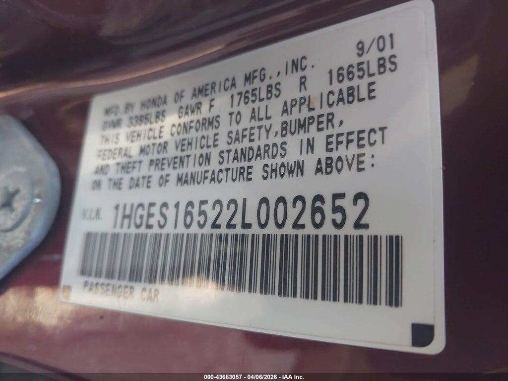 1HGES16522L002652 2002 HONDA CIVIC photo no. 9