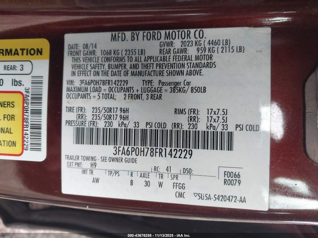 3FA6P0H78FR142229 2015 FORD FUSION photo no. 9