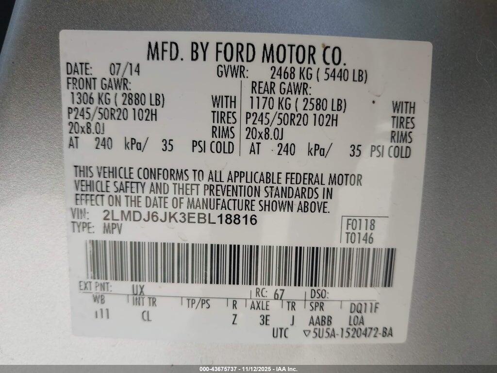 2LMDJ6JK3EBL18816 2014 LINCOLN MKX photo no. 9