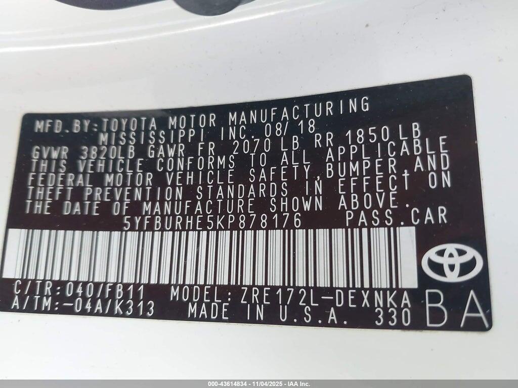 5YFBURHE5KP878176 2019 TOYOTA COROLLA photo no. 9