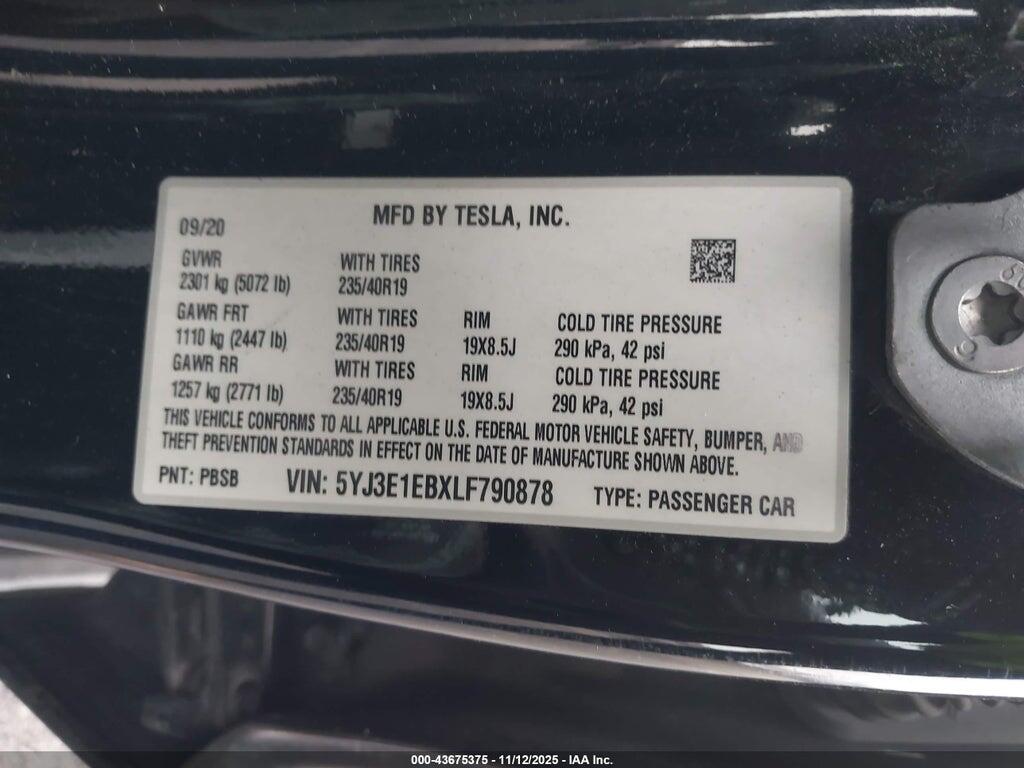 5YJ3E1EBXLF790878 2020 TESLA MODEL 3 photo no. 9