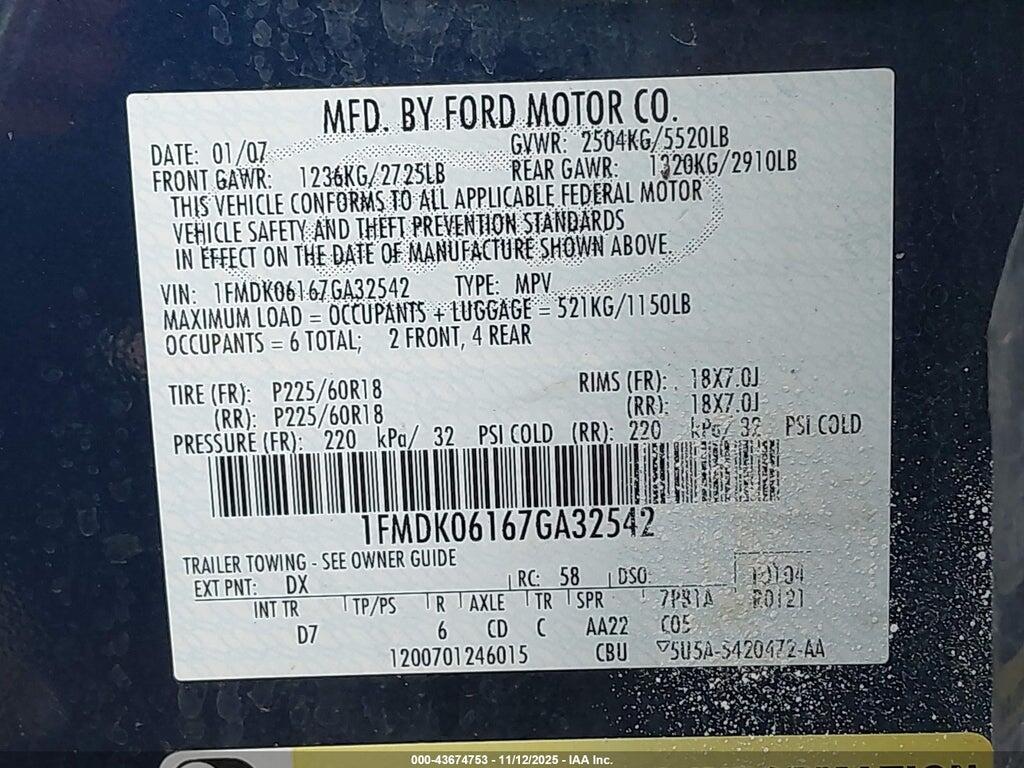 1FMDK06167GA32542 2007 FORD FREESTYLE photo no. 9
