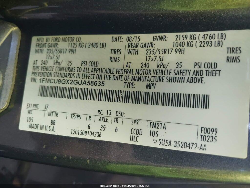 1FMCU9GX2GUA58635 2016 FORD ESCAPE photo no. 9