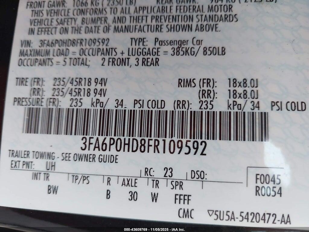 3FA6P0HD8FR109592 2015 FORD FUSION photo no. 9