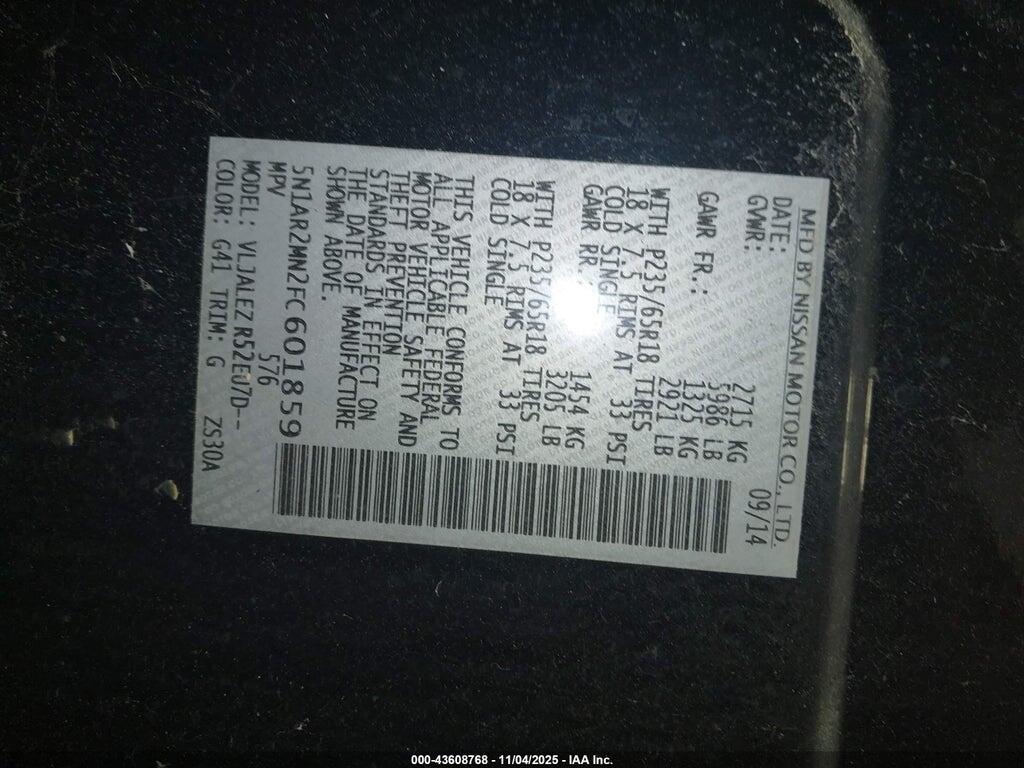 5N1AR2MN2FC601859 2015 NISSAN PATHFINDER photo no. 9