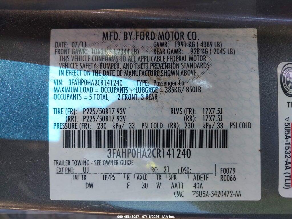 3FAHP0HA2CR141240 2012 FORD FUSION photo no. 9