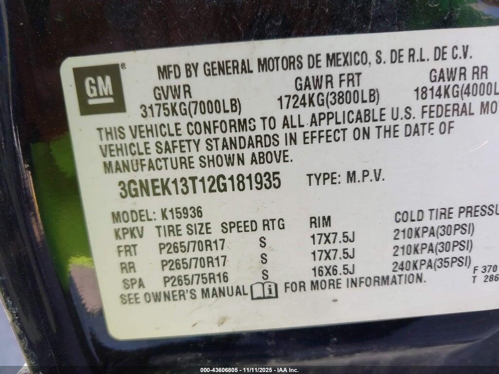 3GNEK13T12G181935 2002 CHEVROLET AVALANCHE 1500 photo no. 9