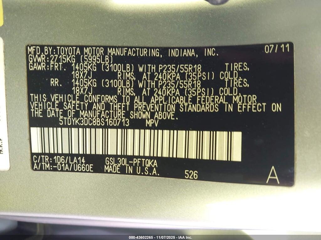 5TDYK3DC8BS160713 2011 TOYOTA SIENNA photo no. 9