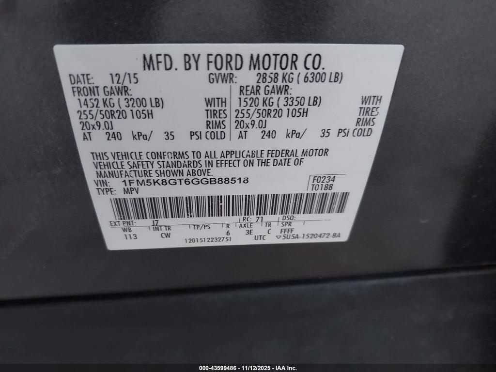 1FM5K8GT6GGB88518 2016 FORD EXPLORER photo no. 9