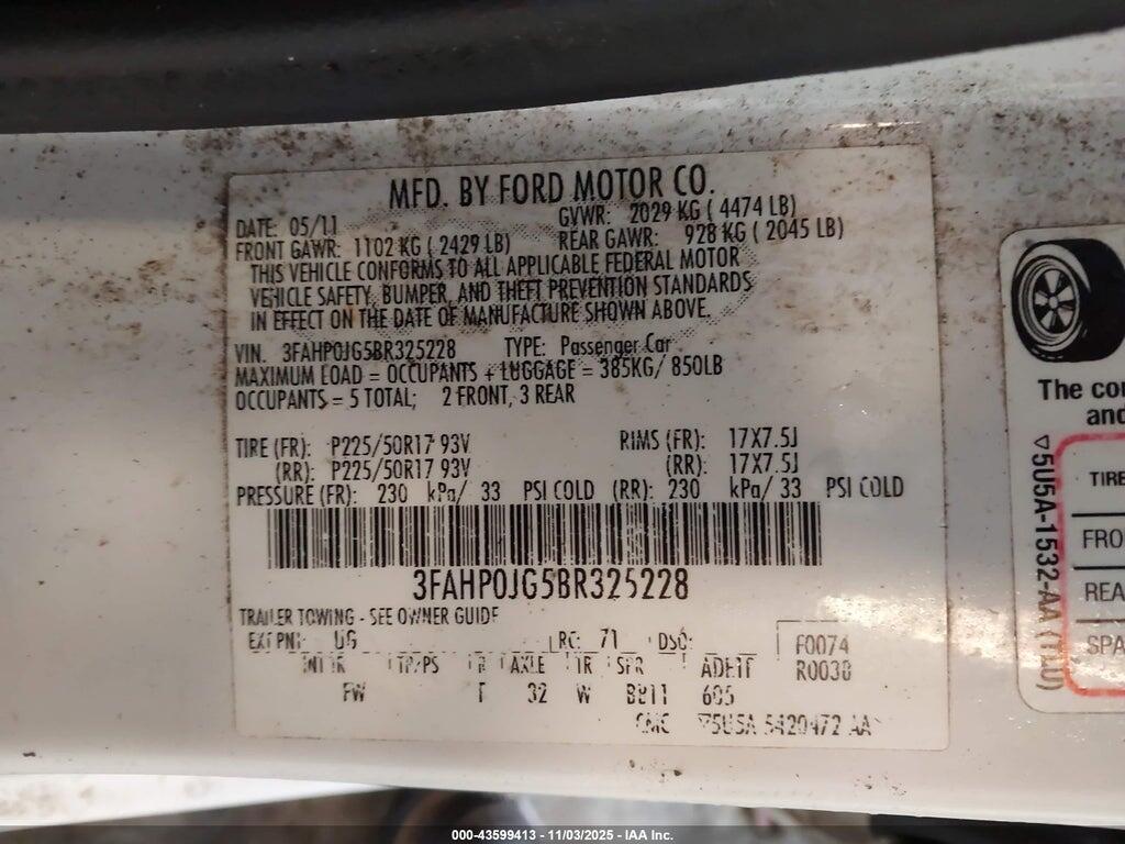 3FAHP0JG5BR325228 2011 FORD FUSION photo no. 9