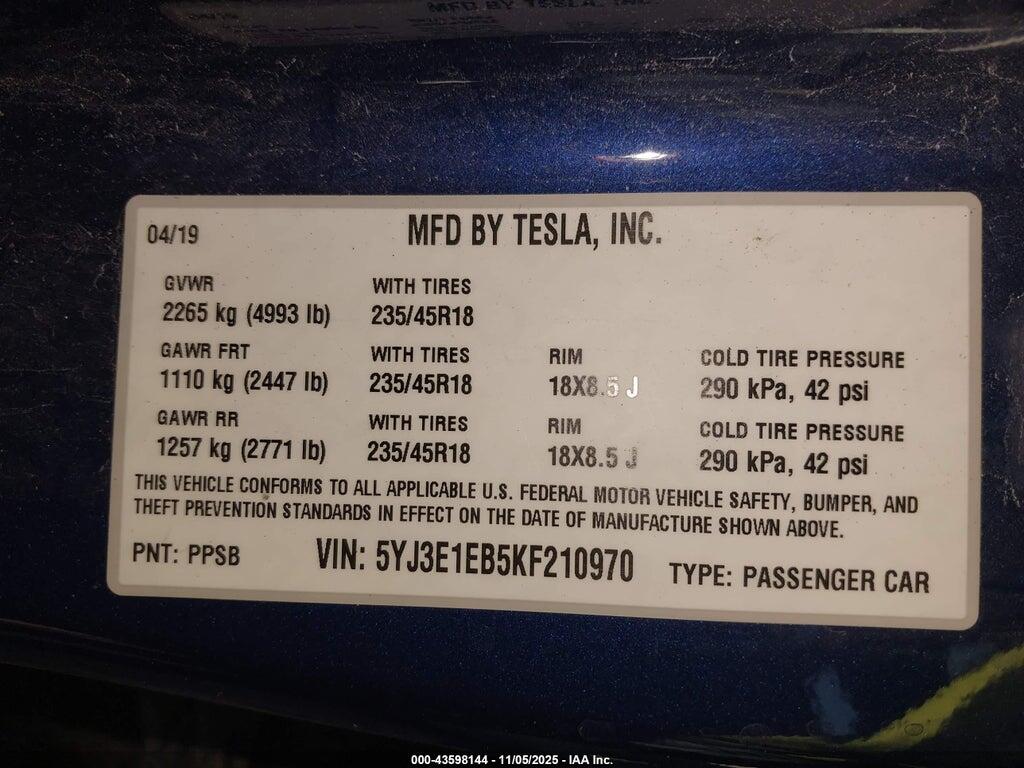 5YJ3E1EB5KF210970 2019 TESLA MODEL 3 photo no. 9