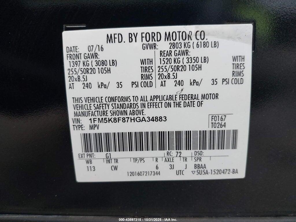 1FM5K8F87HGA34883 2017 FORD EXPLORER photo no. 9