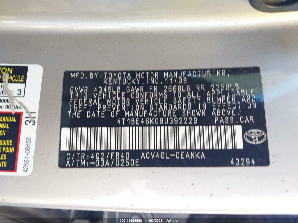 4T1BE46K09U392229 2009 TOYOTA CAMRY photo no. 9