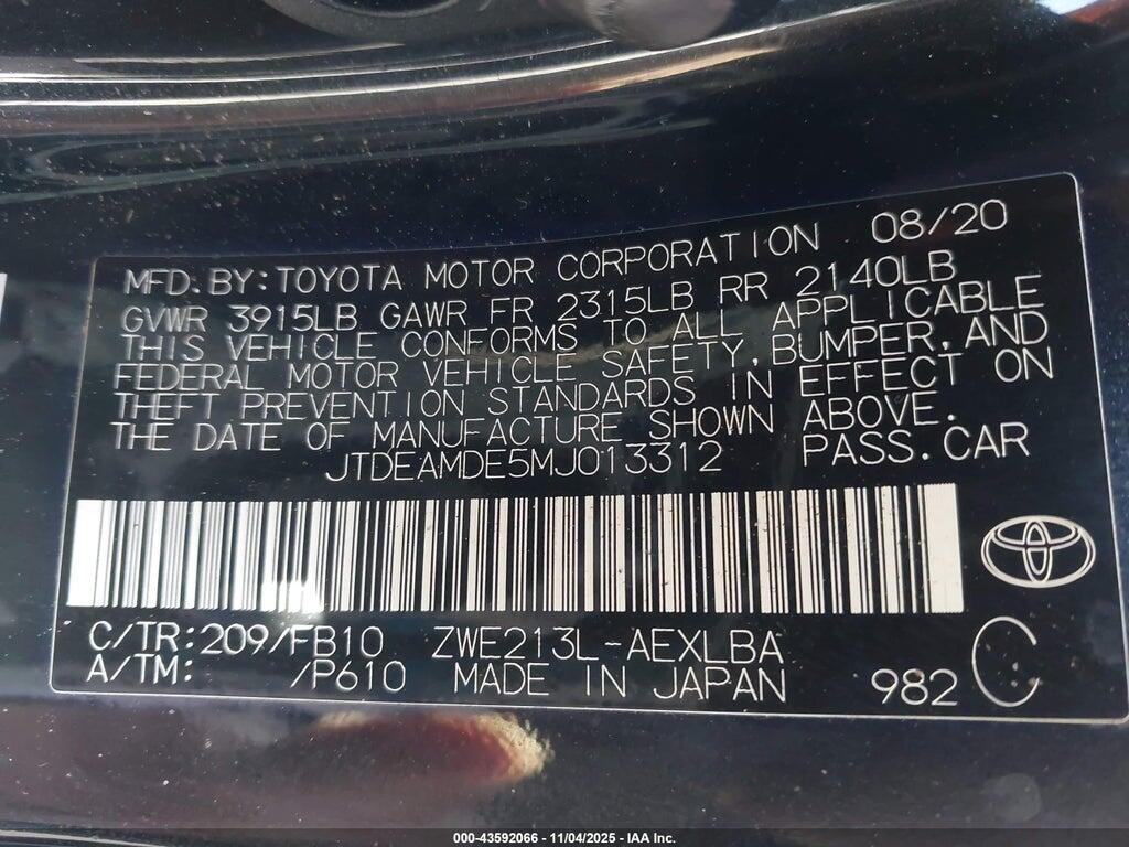 JTDEAMDE5MJ013312 2021 TOYOTA COROLLA photo no. 9