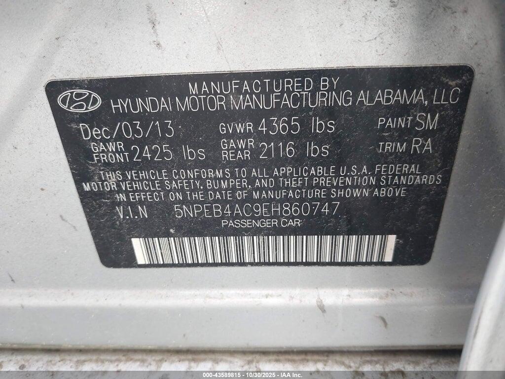 5NPEB4AC9EH860747 2014 HYUNDAI SONATA photo no. 9