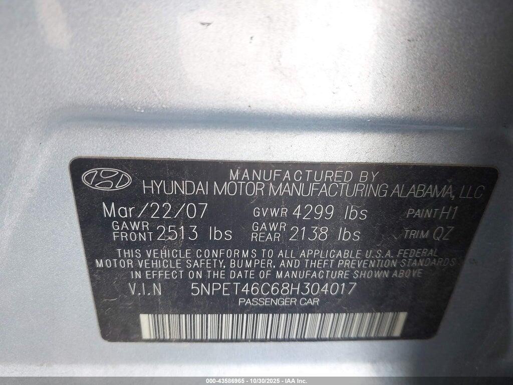 5NPET46C68H304017 2008 HYUNDAI SONATA photo no. 9