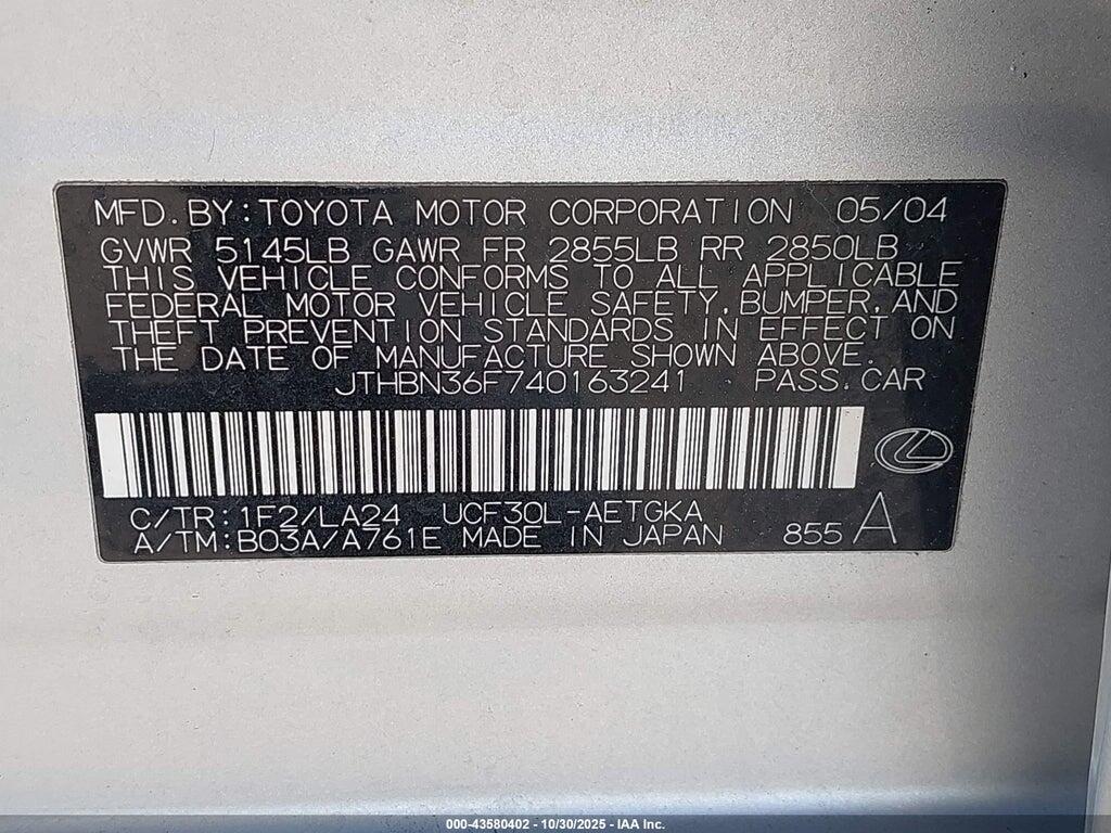 JTHBN36F740163241 2004 LEXUS LS photo no. 9