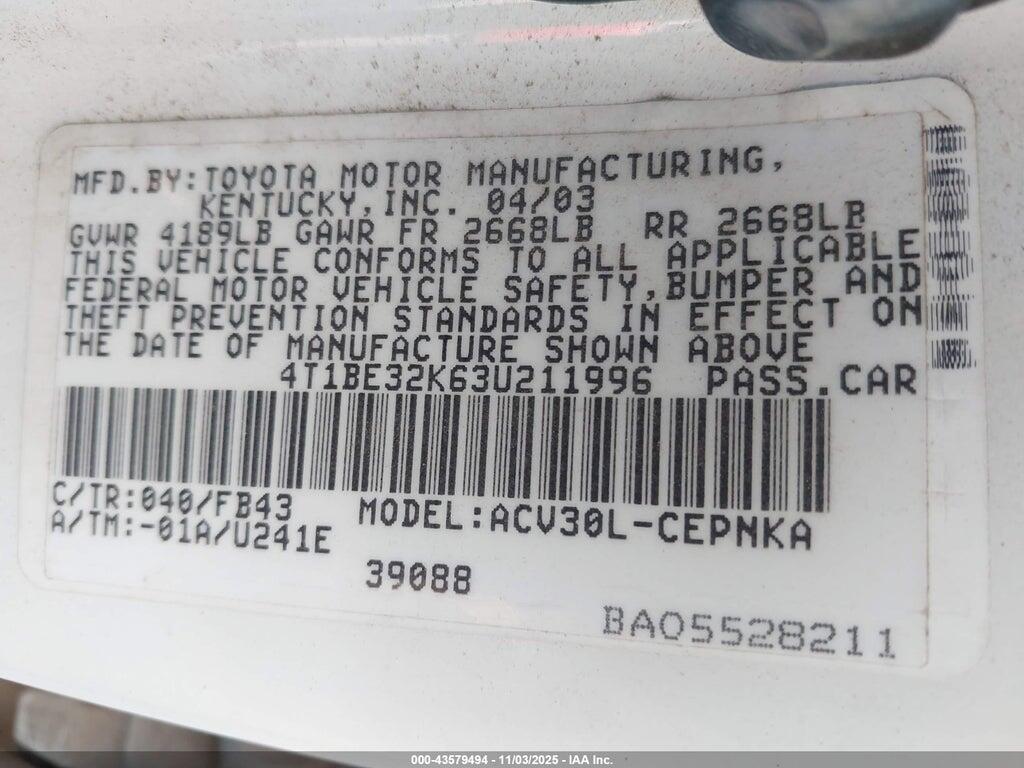 4T1BE32K63U211996 2003 TOYOTA CAMRY photo no. 9