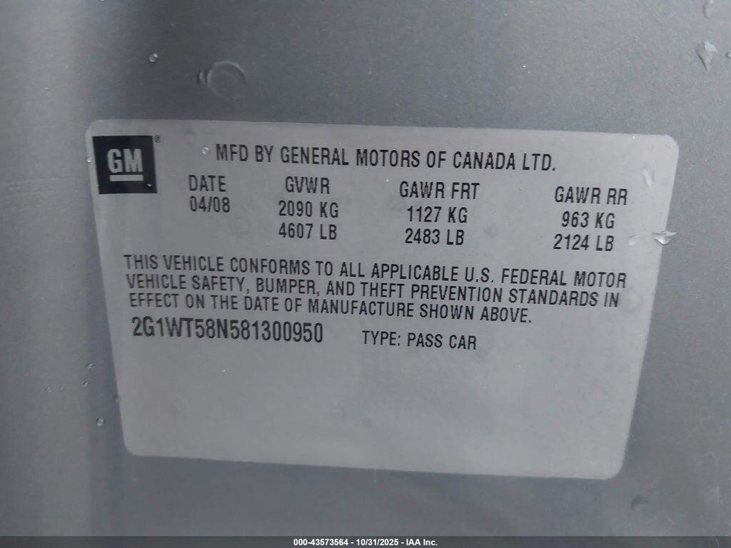 2G1WT58N581300950 2008 CHEVROLET IMPALA photo no. 9