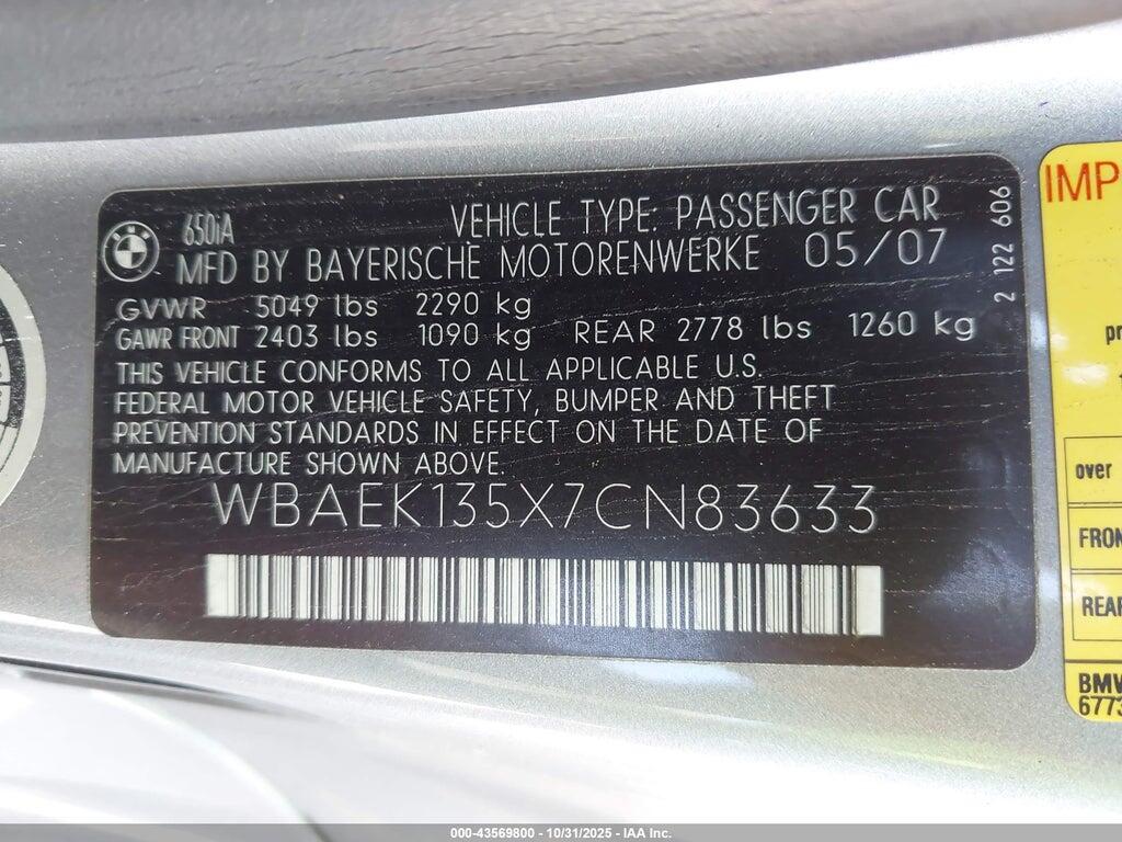 WBAEK135X7CN83633 2007 BMW 650I photo no. 9
