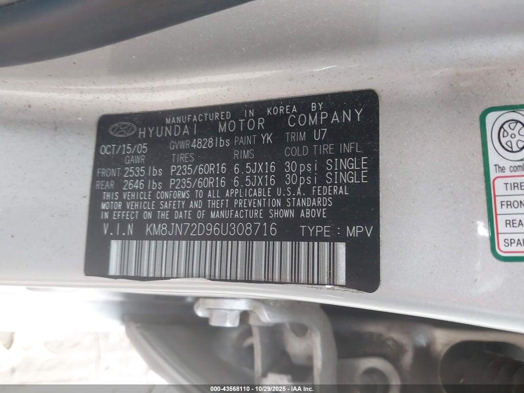 KM8JN72D96U308716 2006 HYUNDAI TUCSON photo no. 9