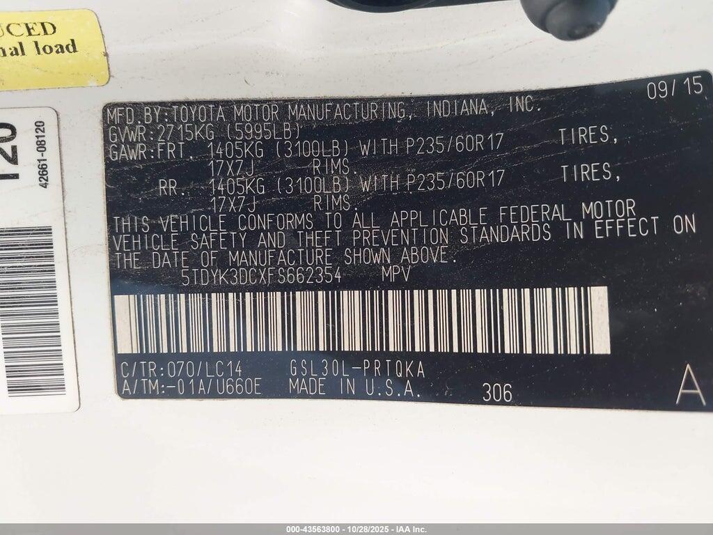 5TDYK3DCXFS662354 2015 TOYOTA SIENNA photo no. 9