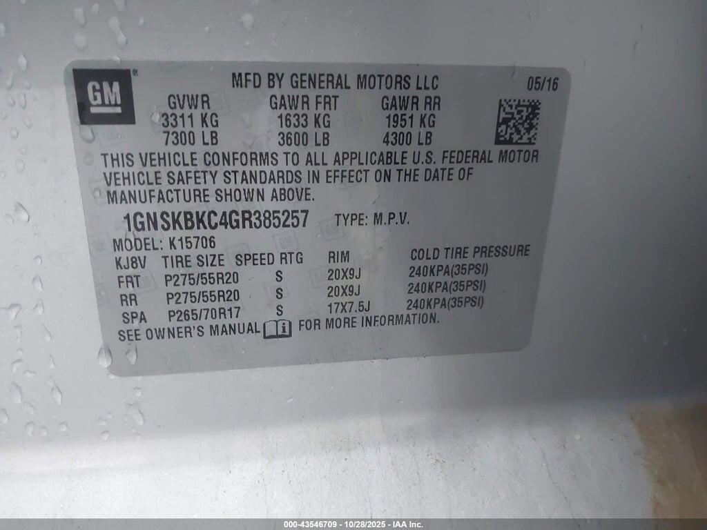 1GNSKBKC4GR385257 2016 CHEVROLET TAHOE photo no. 9