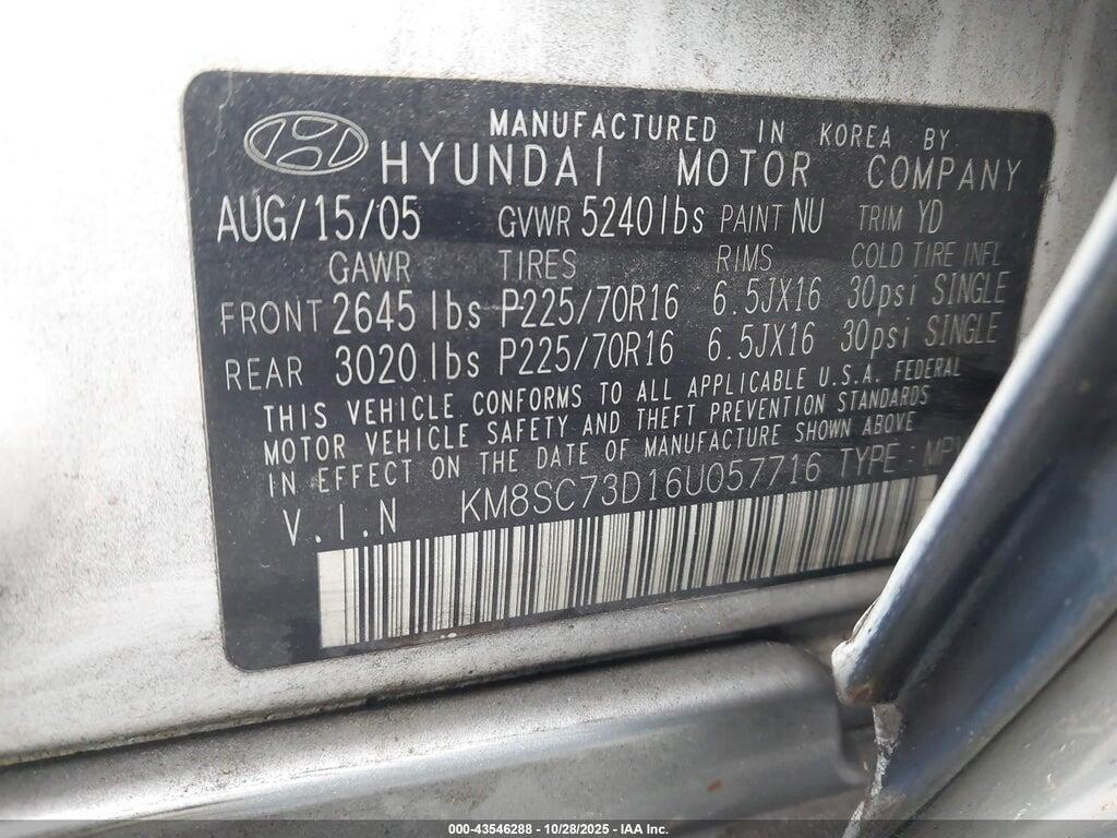KM8SC73D16U057716 2006 HYUNDAI SANTA FE photo no. 9