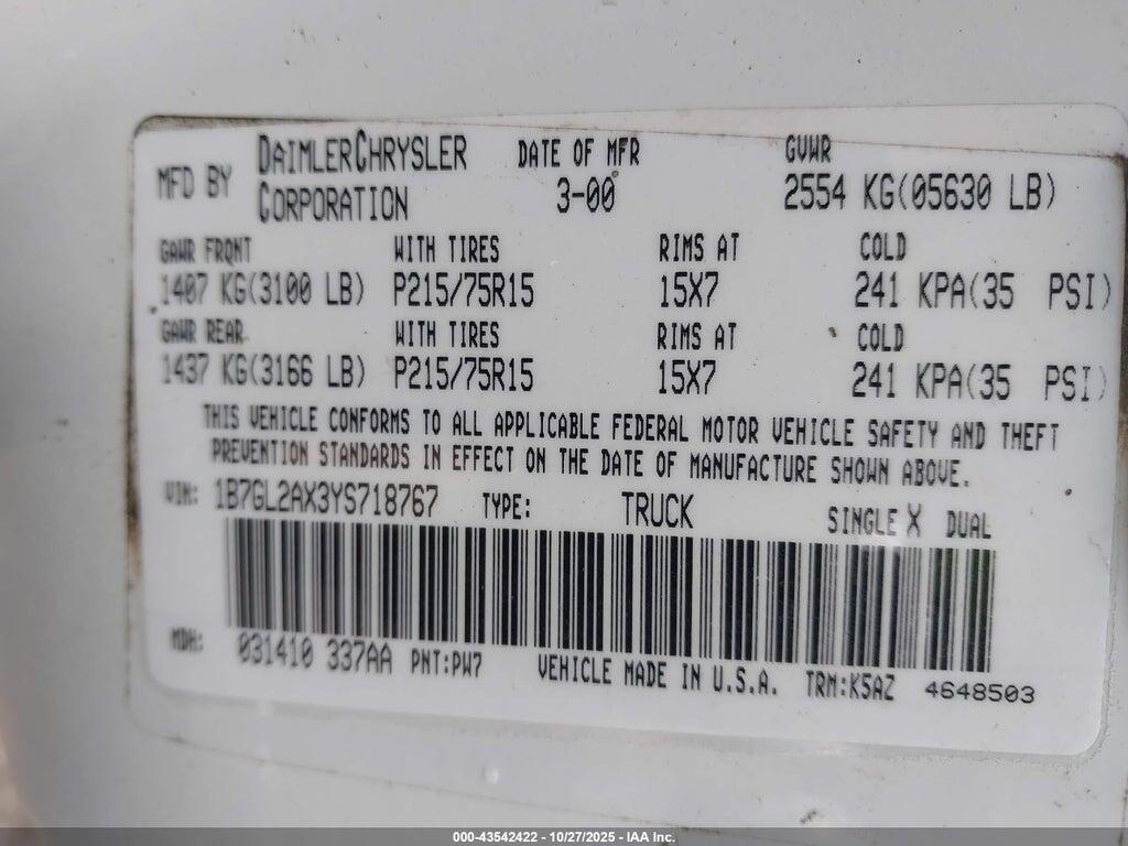 1B7GL2AX3YS718767 2000 DODGE DAKOTA photo no. 9