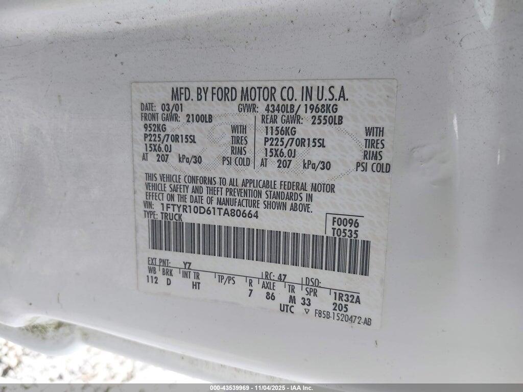 1FTYR10D61TA80664 2001 FORD RANGER photo no. 9