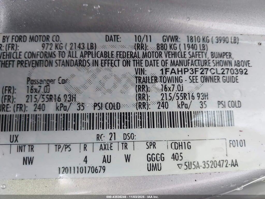 1FAHP3F27CL270392 2012 FORD FOCUS photo no. 9