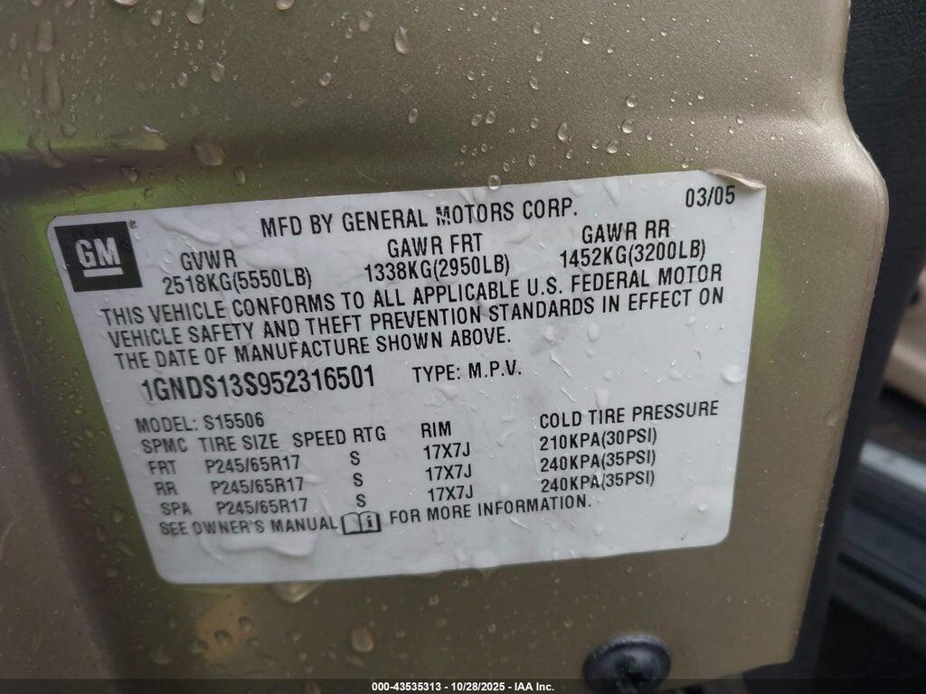 1GNDS13S952316501 2005 CHEVROLET TRAILBLAZER photo no. 9