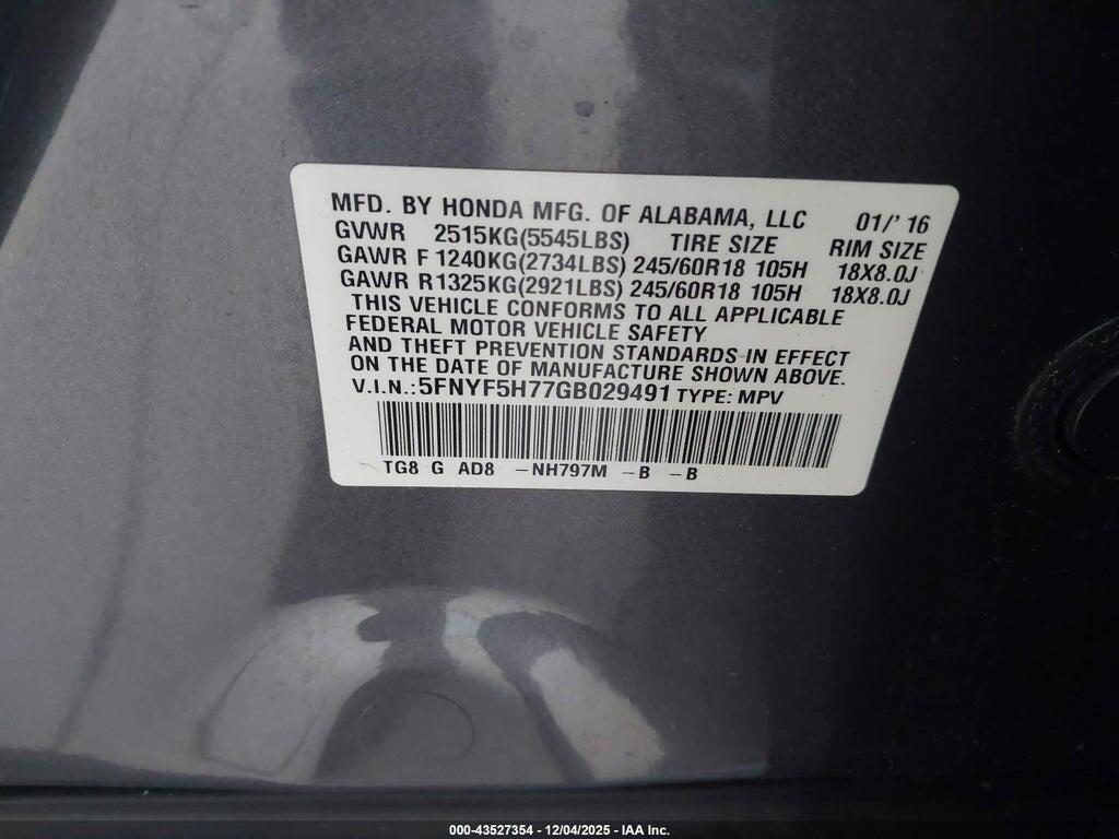 5FNYF5H77GB029491 2016 HONDA PILOT photo no. 9
