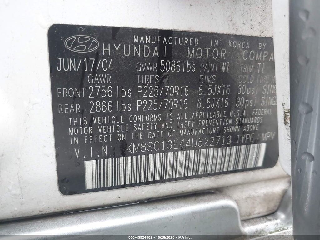 KM8SC13E44U822713 2004 HYUNDAI SANTA FE photo no. 9