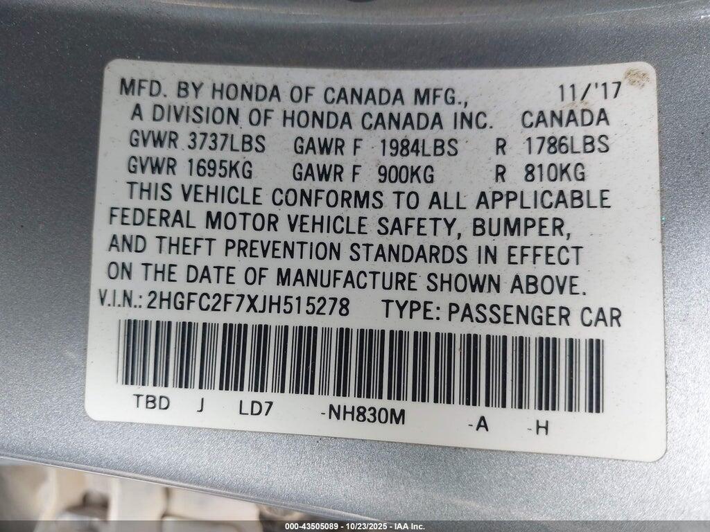 2HGFC2F7XJH515278 2018 HONDA CIVIC photo no. 9