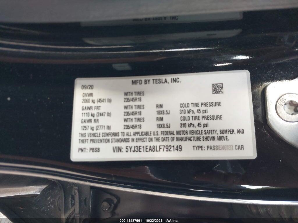 5YJ3E1EA8LF792149 2020 TESLA MODEL 3 photo no. 9