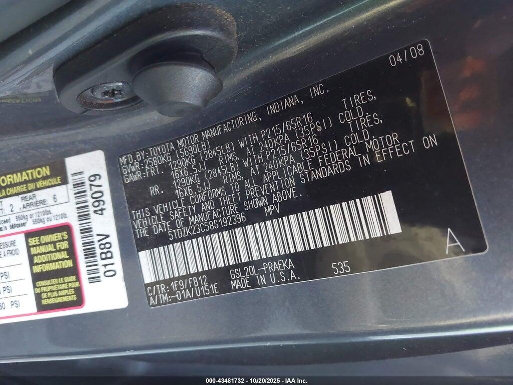 5TDZK23C58S192396 2008 TOYOTA SIENNA photo no. 9