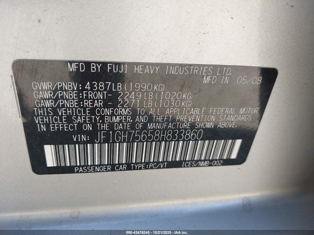JF1GH75658H833860 2008 SUBARU IMPREZA photo no. 9