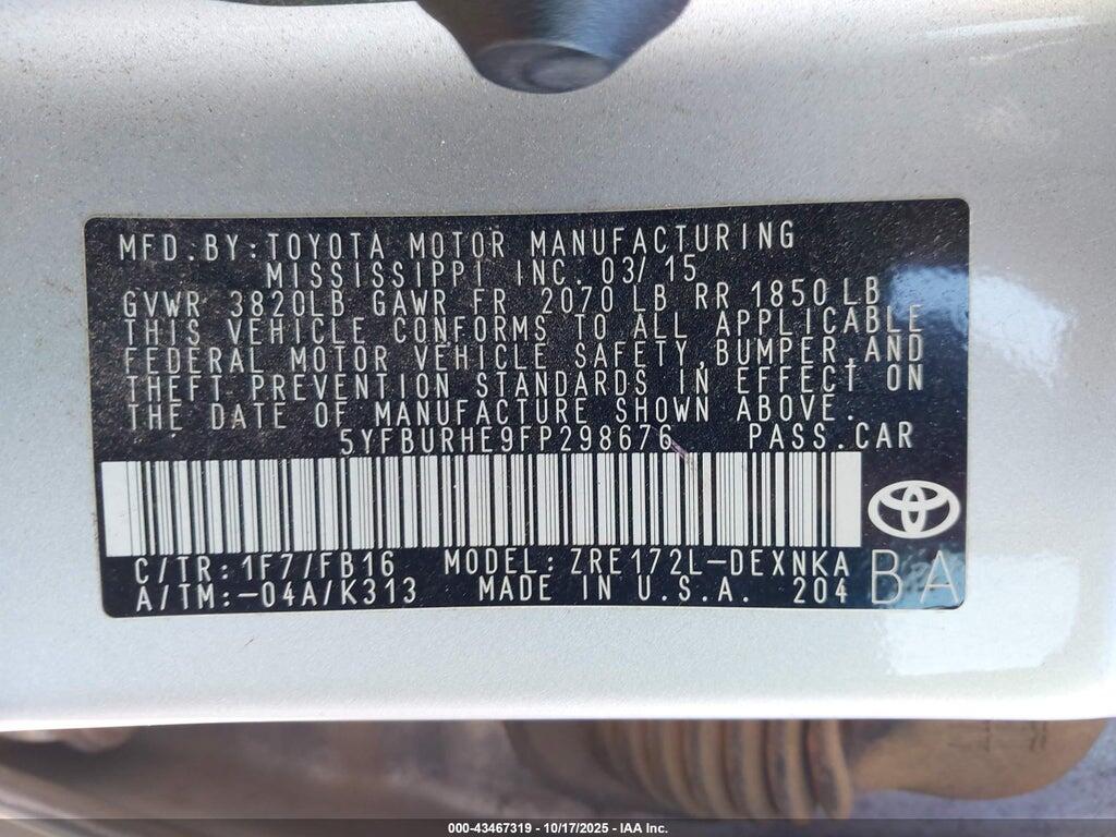 5YFBURHE9FP298676 2015 TOYOTA COROLLA photo no. 9