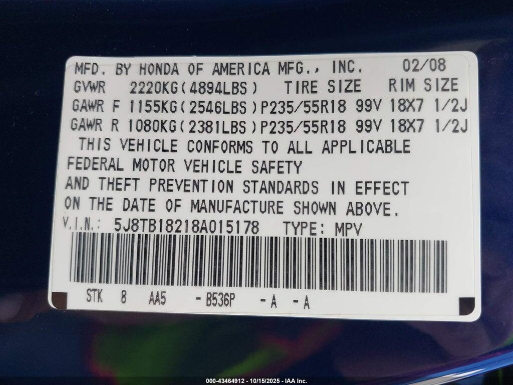 5J8TB18218A015178 2008 ACURA RDX photo no. 9