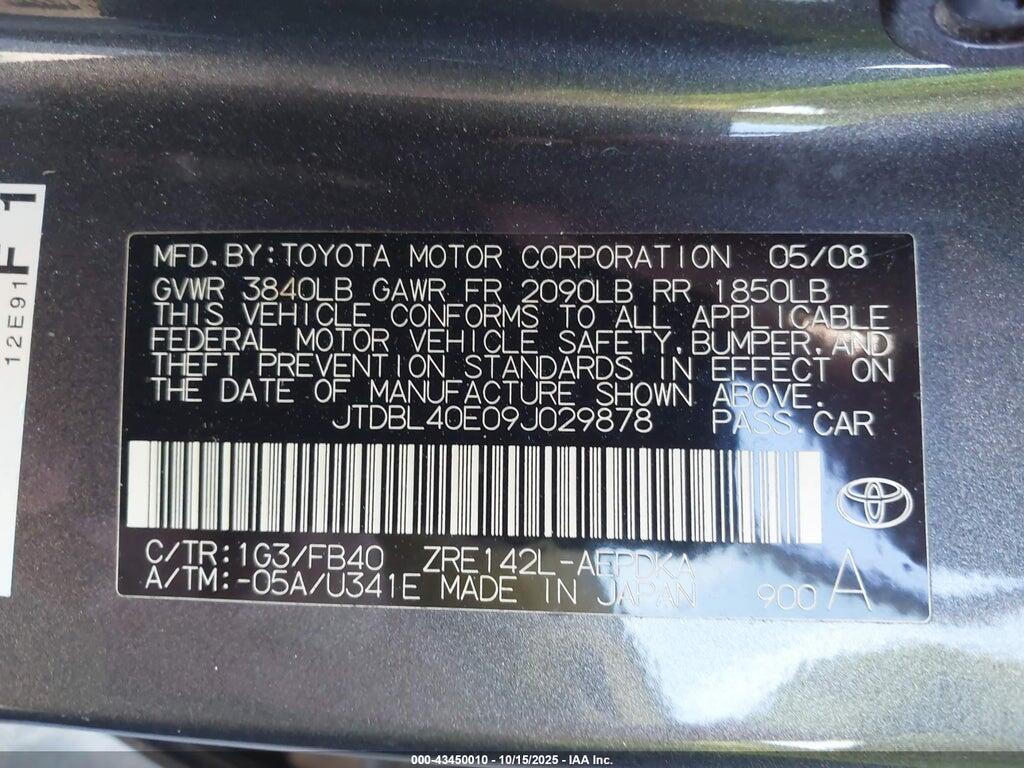 JTDBL40E09J029878 2009 TOYOTA COROLLA photo no. 9