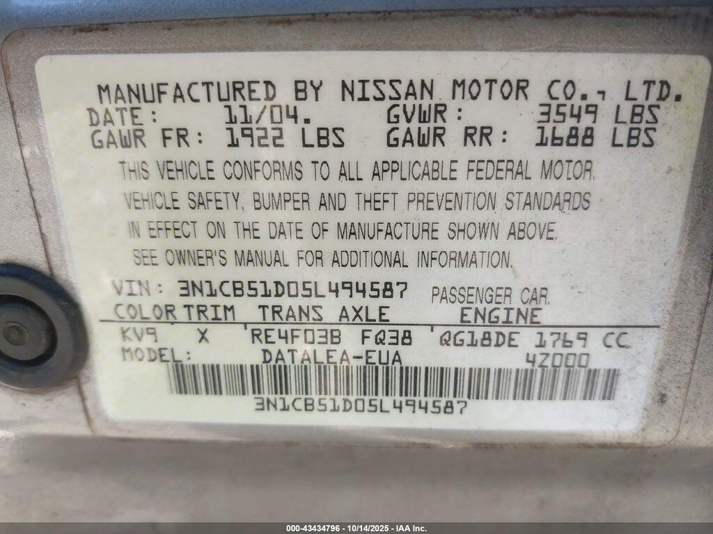 3N1CB51D05L494587 2005 NISSAN SENTRA photo no. 9