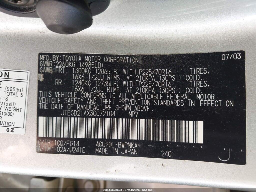 JTEGD21AX30072104 2003 TOYOTA HIGHLANDER photo no. 9