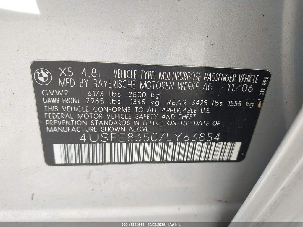 4USFE83507LY63854 2007 BMW X5 photo no. 9