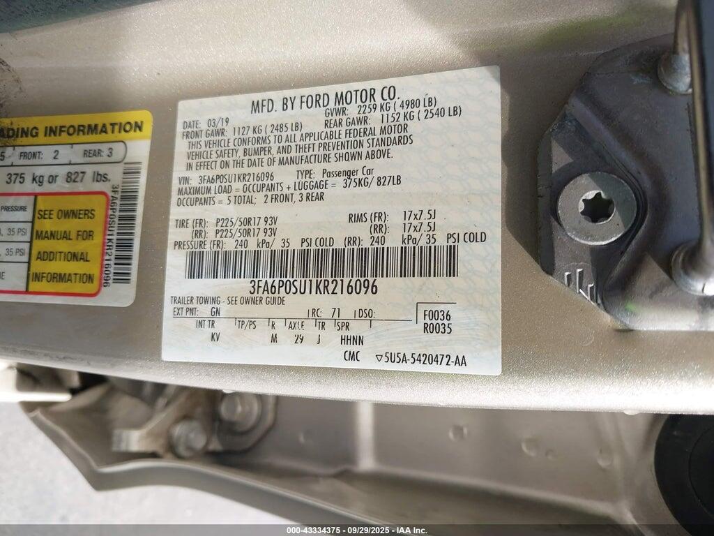 3FA6P0SU1KR216096 2019 FORD FUSION ENERGI photo no. 9