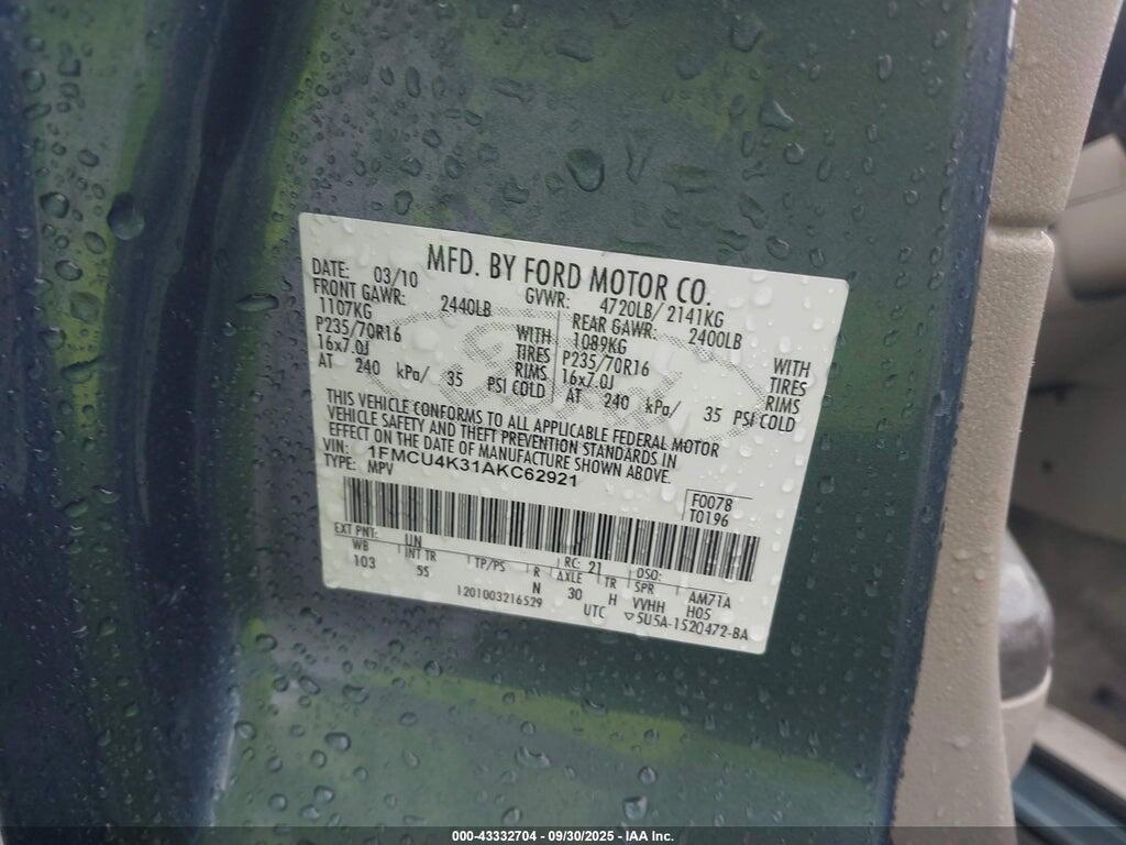 1FMCU4K31AKC62921 2010 FORD ESCAPE HYBRID photo no. 9