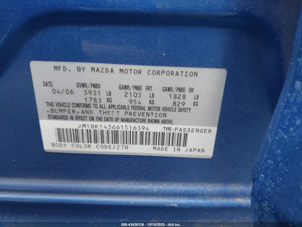 JM1BK143661516394 2006 MAZDA MAZDA3 photo no. 9