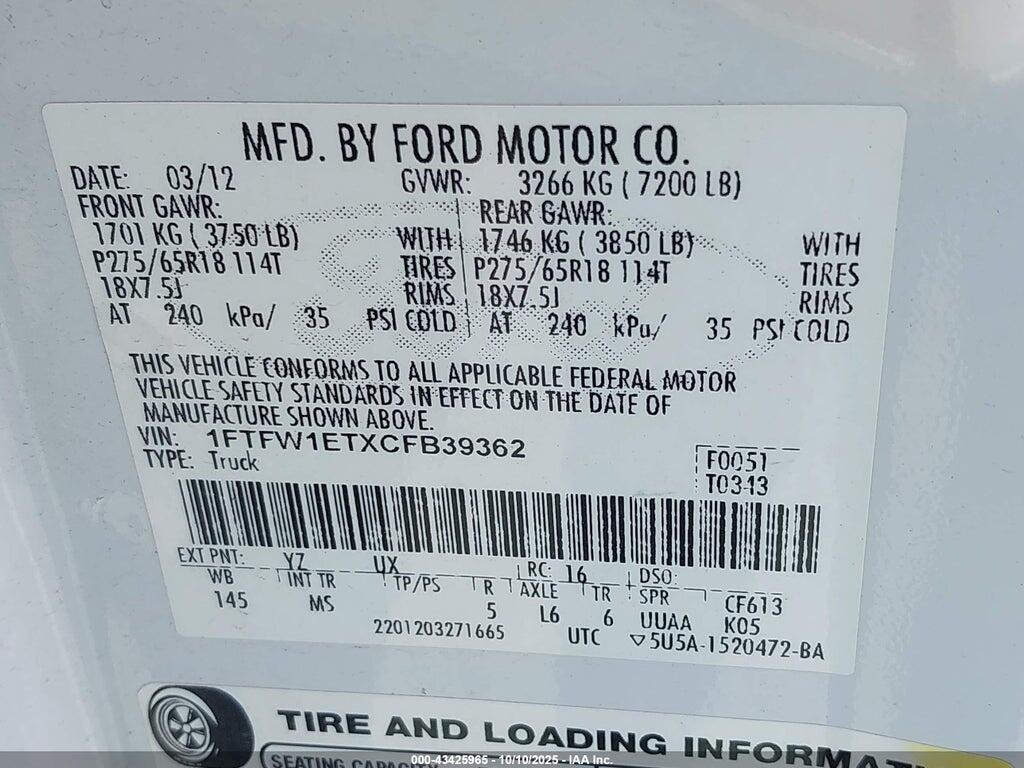 1FTFW1ETXCFB39362 2012 FORD F-150 photo no. 9