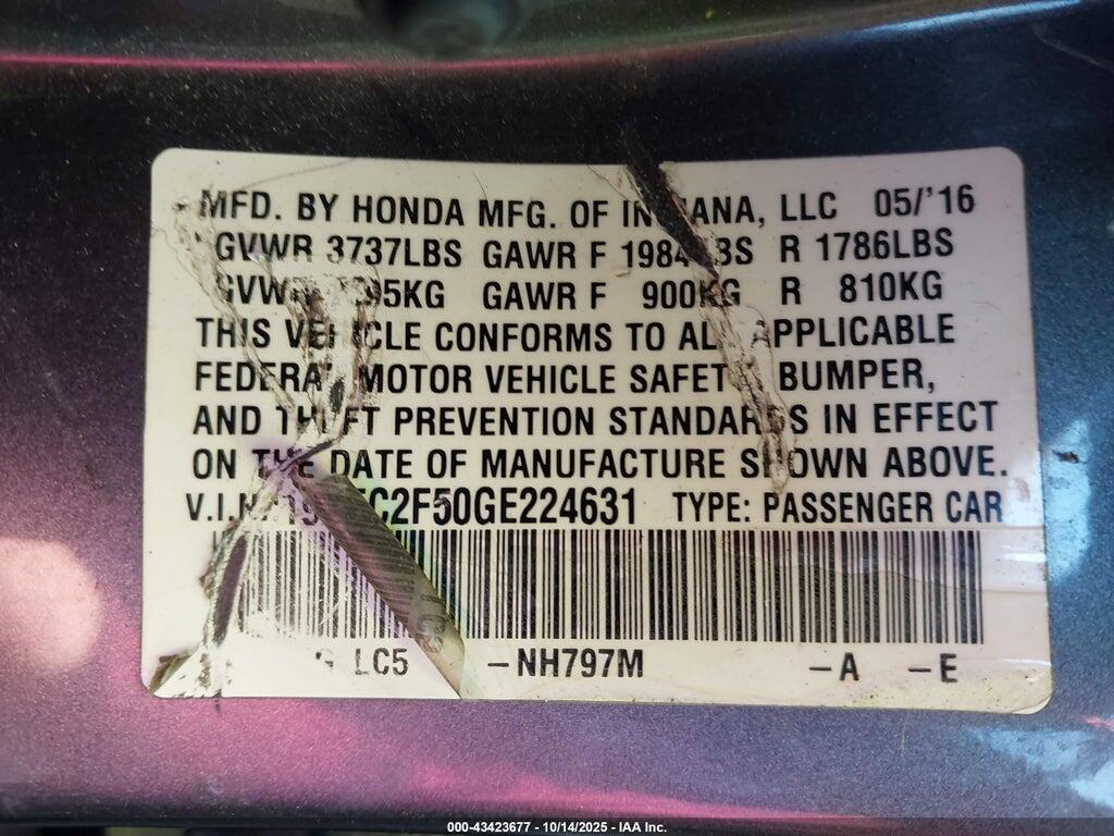 19XFC2F50GE224631 2016 HONDA CIVIC photo no. 9