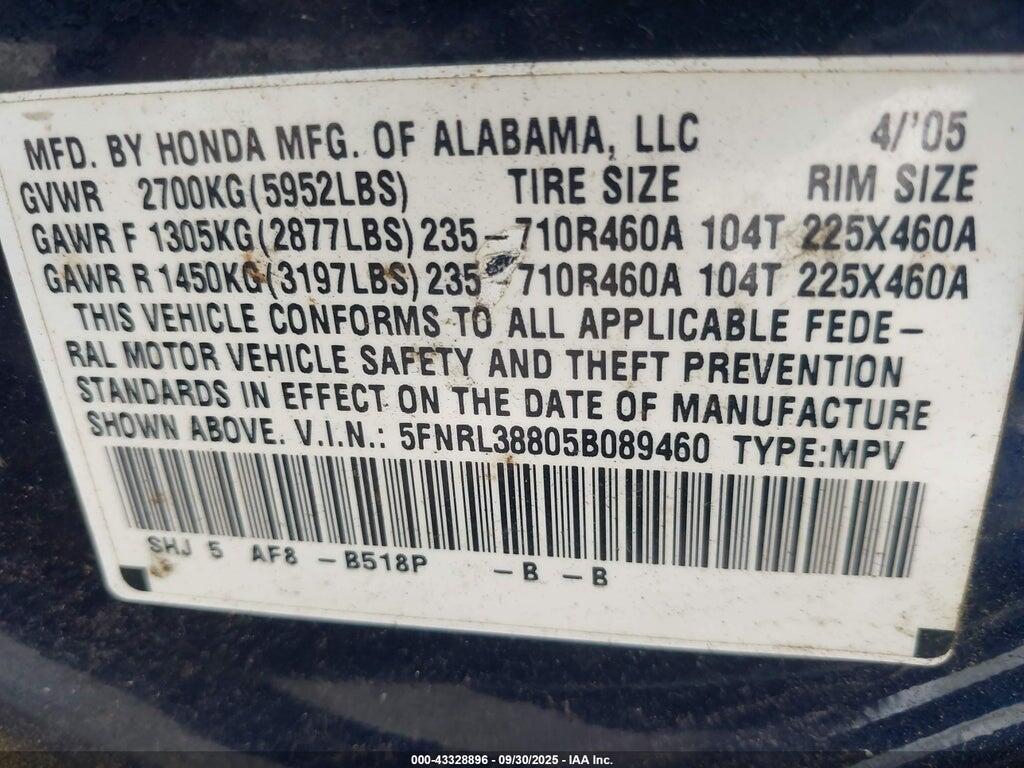 5FNRL38805B089460 2005 HONDA ODYSSEY photo no. 9